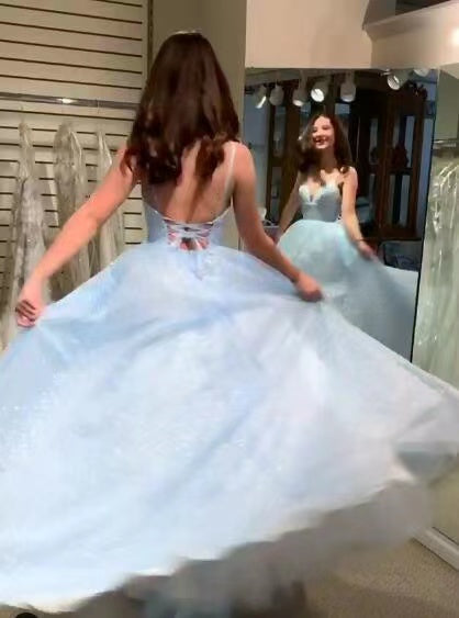 Sparkly A-Line Spaghetti Straps Light Blue Long Prom Dresses GP330