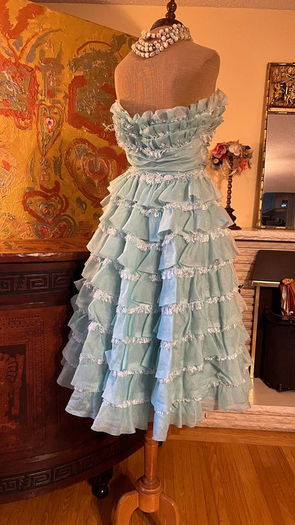 1940s Teal Vintage A Line Strapless Layered Organza Gown Homecoming Dress SH3661