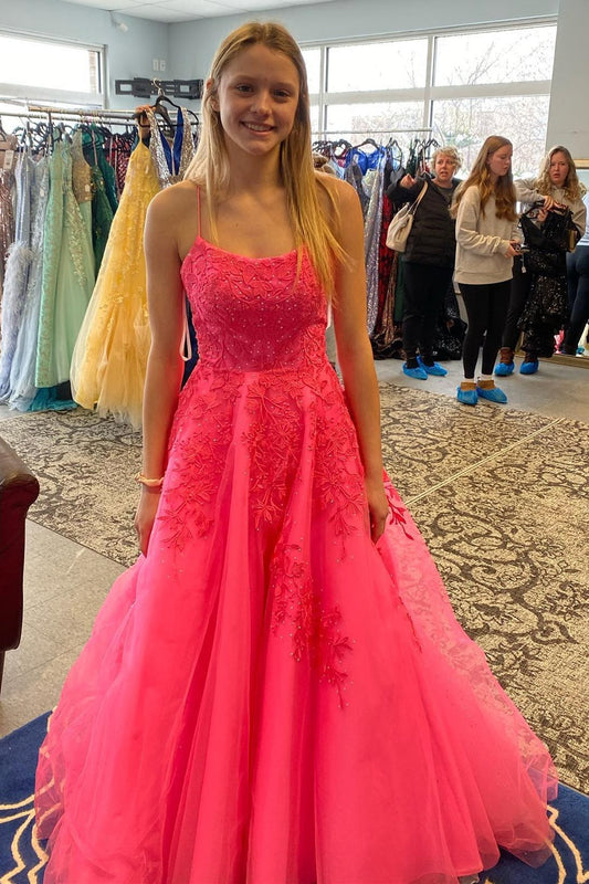 Hot Pink Tulle Lace Applique Long Prom Dresses, A-Line Graduation Gown GP564