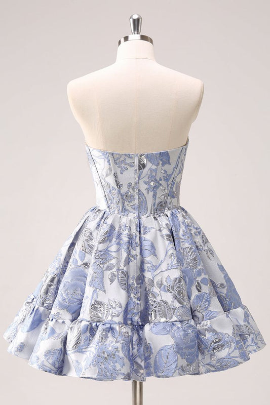 Retro Fashion Blue Corset Design Strapless Mini Party Dress  Floral Homecoming Dress TP3393