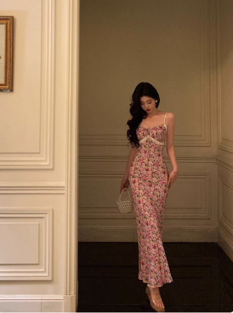 Vestido largo elegante de sirena con tirantes finos y estampado floral rosa para cumpleaños número 18, ideas para vestidos de cumpleaños número 21 para mujeres (DP1313)