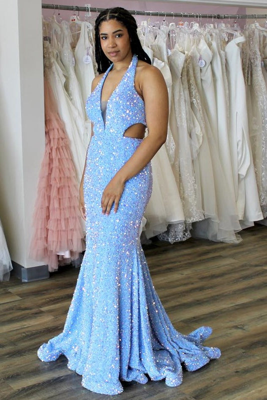 Vestido de fiesta largo de corte trompeta con lentejuelas iridiscentes en azul claro