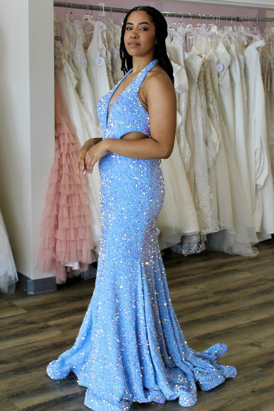 Vestido de fiesta largo de corte trompeta con lentejuelas iridiscentes en azul claro