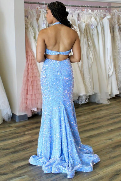 Vestido de fiesta largo de corte trompeta con lentejuelas iridiscentes en azul claro