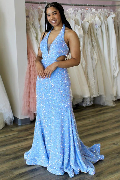 Vestido de fiesta largo de corte trompeta con lentejuelas iridiscentes en azul claro