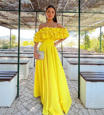 Charming A Line Off the Shoulder Yellow Satin Prom Dress Evening Dress SH2117