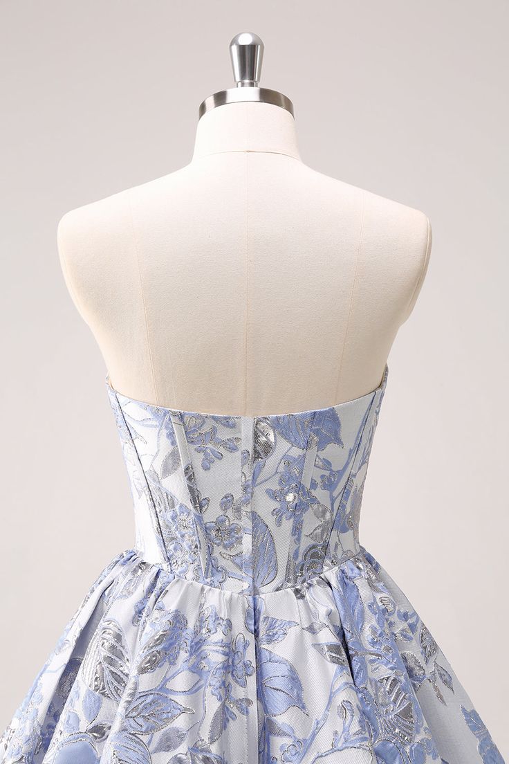 Retro Fashion Blue Corset Design Strapless Mini Party Dress  Floral Homecoming Dress TP3393