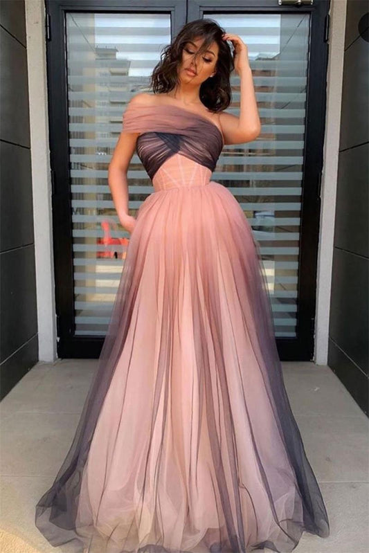 One-Shoulder Ombre Long Prom Dress Elegant Tulle Formal Gown GP70