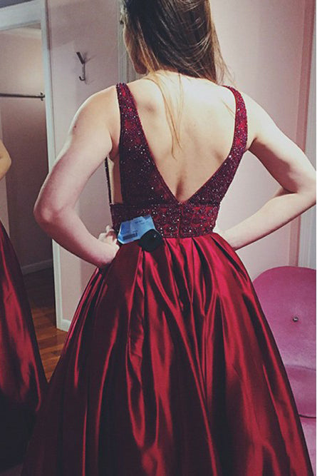 Burgundy Prom Dress Long V-neck Beading Formal Evening Gown GP34