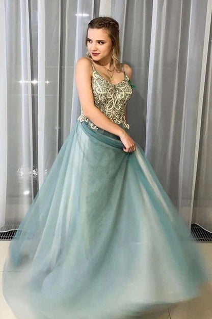 A-Line Tulle Long Prom Dress Beading Bodice With Spaghetti Straps GP93