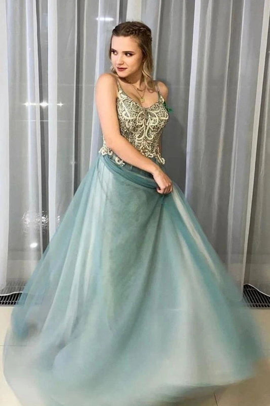 A-Line Tulle Long Prom Dress Beading Bodice With Spaghetti Straps GP93