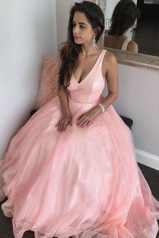 Vestidos de fiesta rosas sin mangas con escote en V brillante, vestido formal largo
