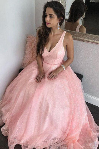 Vestidos de fiesta rosas sin mangas con escote en V brillante, vestido formal largo