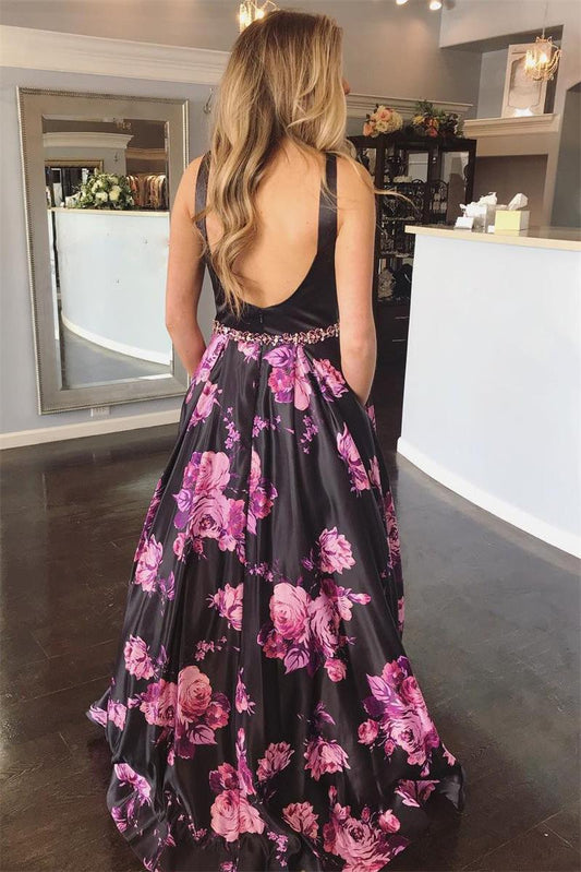 A-Line V-neck Floral Print Black Long Prom Dress Backless Formal Gown GP25