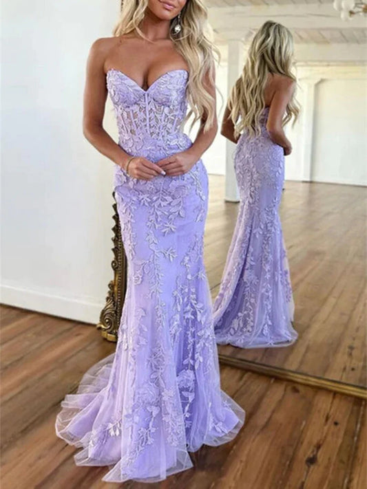 Vestido de fiesta largo de sirena sin tirantes con encaje morado, vestido formal de encaje morado, vestido de noche largo morado TP15