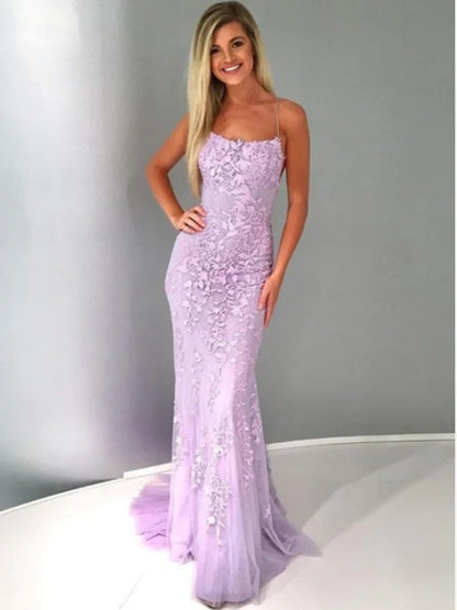 Vestido de fiesta de sirena con tirantes finos, encaje, espalda descubierta y apliques, color lavanda, vestido formal de noche de sirena con encaje morado TP17