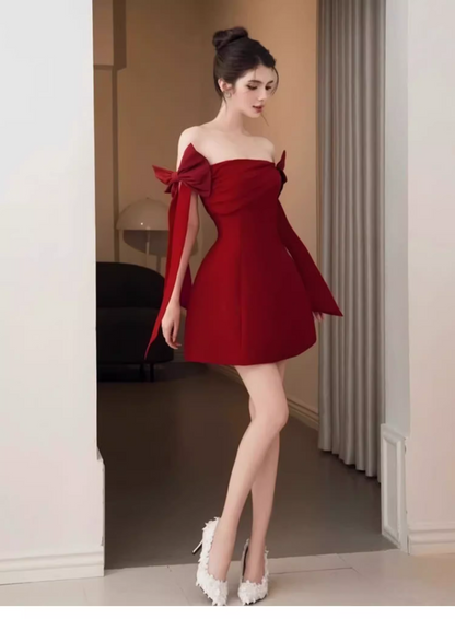 New Fashion Red Off-the-shoulder Bow Design A-line Party Dress Homecoming Dress TP3828