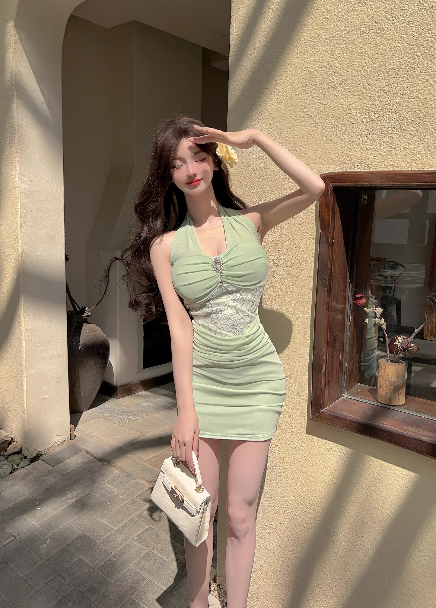 New Style Light Green Appliqued Tight Design A-line Halter Homecoming Dress TP3704