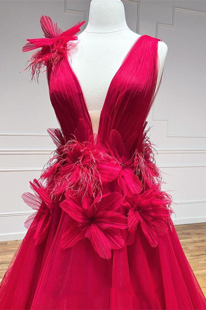 Plunging Neck A-Line Red Tulle Long Prom Dress with 3D Floral Appliques GP389