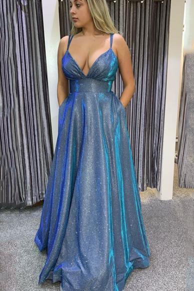 Vestidos de fiesta largos y brillantes con bolsillos, vestidos formales de corte A, vestido formal azul