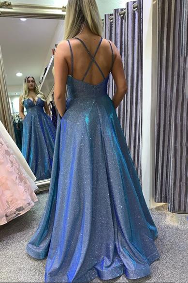 Vestidos de fiesta largos y brillantes con bolsillos, vestidos formales de corte A, vestido formal azul