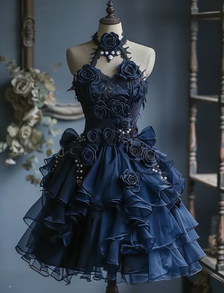 New Fashion Navy Blue 3D Flowers Design A-line Halter Homecoming Dress TP3415