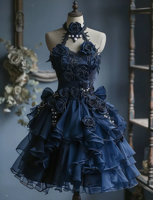 New Fashion Navy Blue 3D Flowers Design A-line Halter Homecoming Dress TP3415