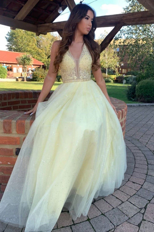 Vestido de fiesta largo de tul con escote en V amarillo y encaje, vestido formal amarillo
