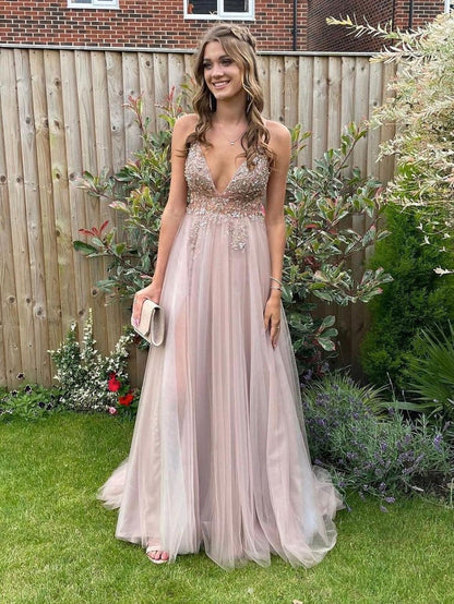 Vestido de fiesta largo con escote en V de tul rosa claro y cuentas, vestido de noche rosa claro
