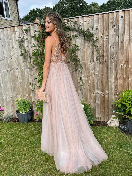 Vestido de fiesta largo con escote en V de tul rosa claro y cuentas, vestido de noche rosa claro