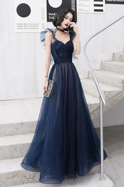Vestido de fiesta largo de tul azul oscuro con escote en forma de corazón y vestido formal de tul azul