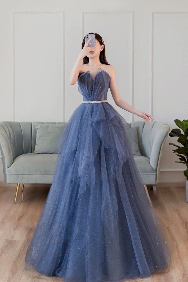 Vestido de fiesta largo de tul con escote en forma de corazón azul, vestido formal de tul azul