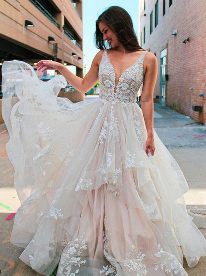 Vestido de fiesta largo de tul con escote en V color champán claro, vestido de noche de encaje