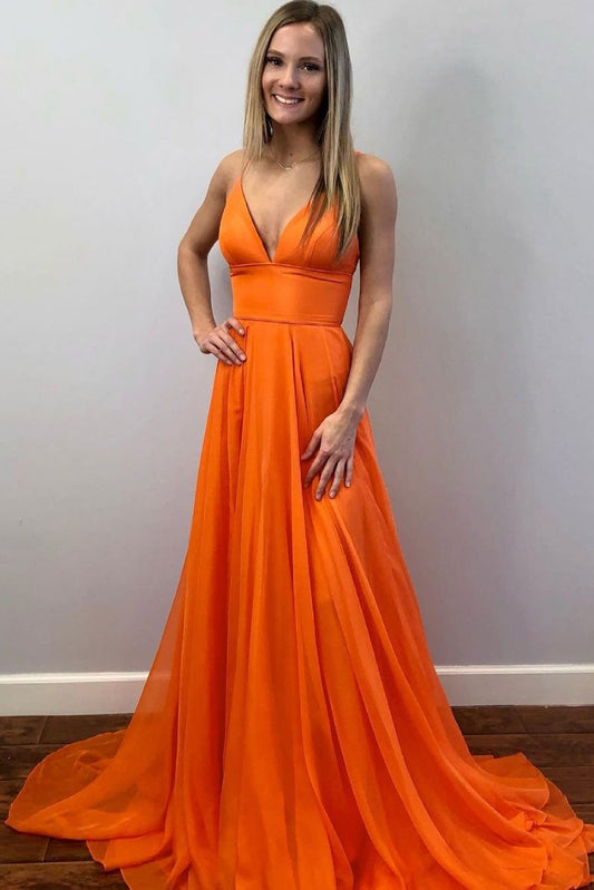Vestido de fiesta largo de gasa con escote en V naranja sencillo, vestido de noche naranja