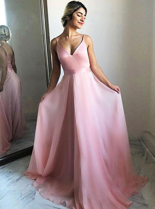 Vestido de fiesta largo de gasa rosa sencillo, vestido formal sexy con espalda abierta. 