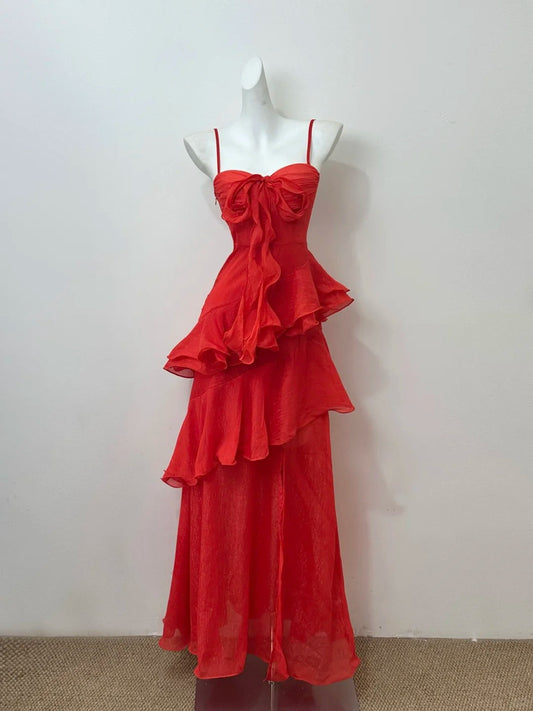 Red shiny fashion elegant long chiffon flowing romantic ruffle ball gown evening dress party dress prom dress gh4051