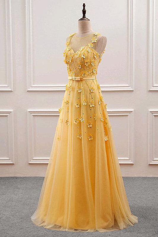 A-Line  Yellow Tulle Long Prom Dress With 3D Flowers,WP281