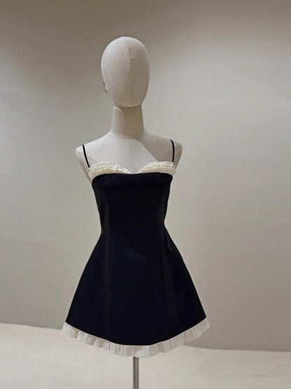 Vestido corto formal de fiesta, graduación, baile, negro, con tirantes finos, corte A, DH2768