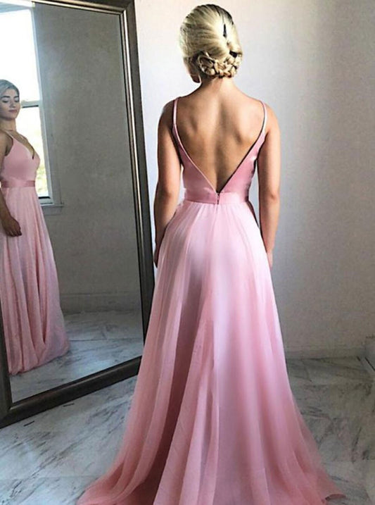 Vestido de fiesta largo de gasa rosa sencillo, vestido formal sexy con espalda abierta. 