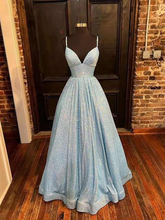 Vestido de fiesta largo sencillo con escote en V y lentejuelas en azul, vestido de noche azul de corte A