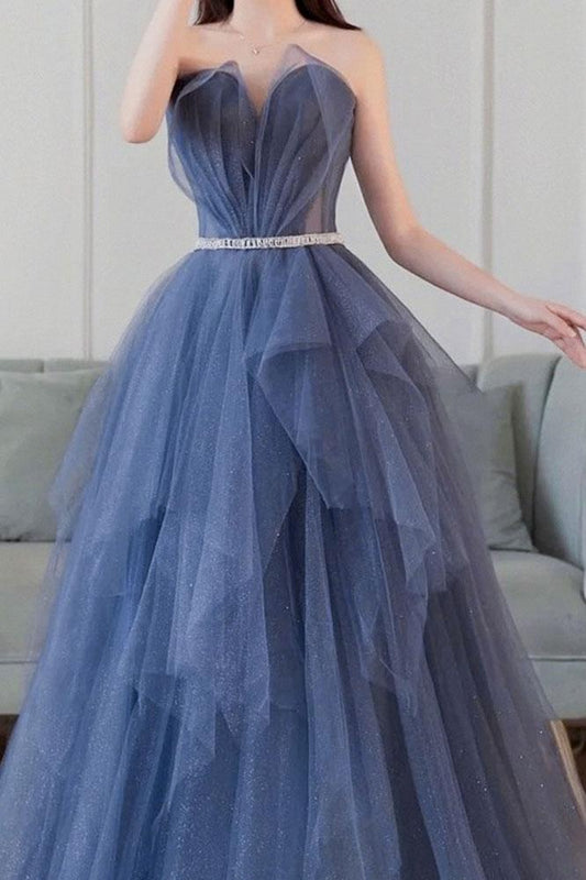 Vestido de fiesta largo de tul con escote en forma de corazón azul, vestido formal de tul azul