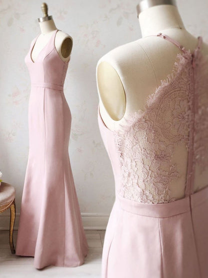 Vestido de fiesta largo de satén con escote en V y encaje rosa, vestido de dama de honor con encaje