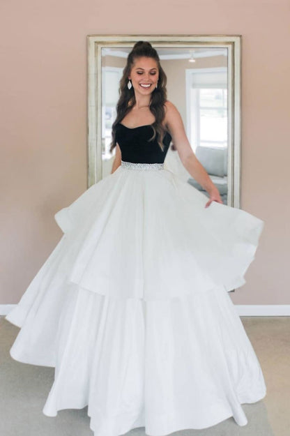 Elegantes vestidos largos de fiesta, vestidos de fiesta en blanco y negro para bodas.