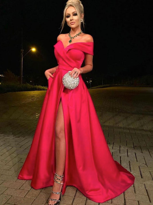 Vestido de fiesta largo de satén con hombros descubiertos fucsia, vestidos de noche sexys, vestido de fiesta de boda