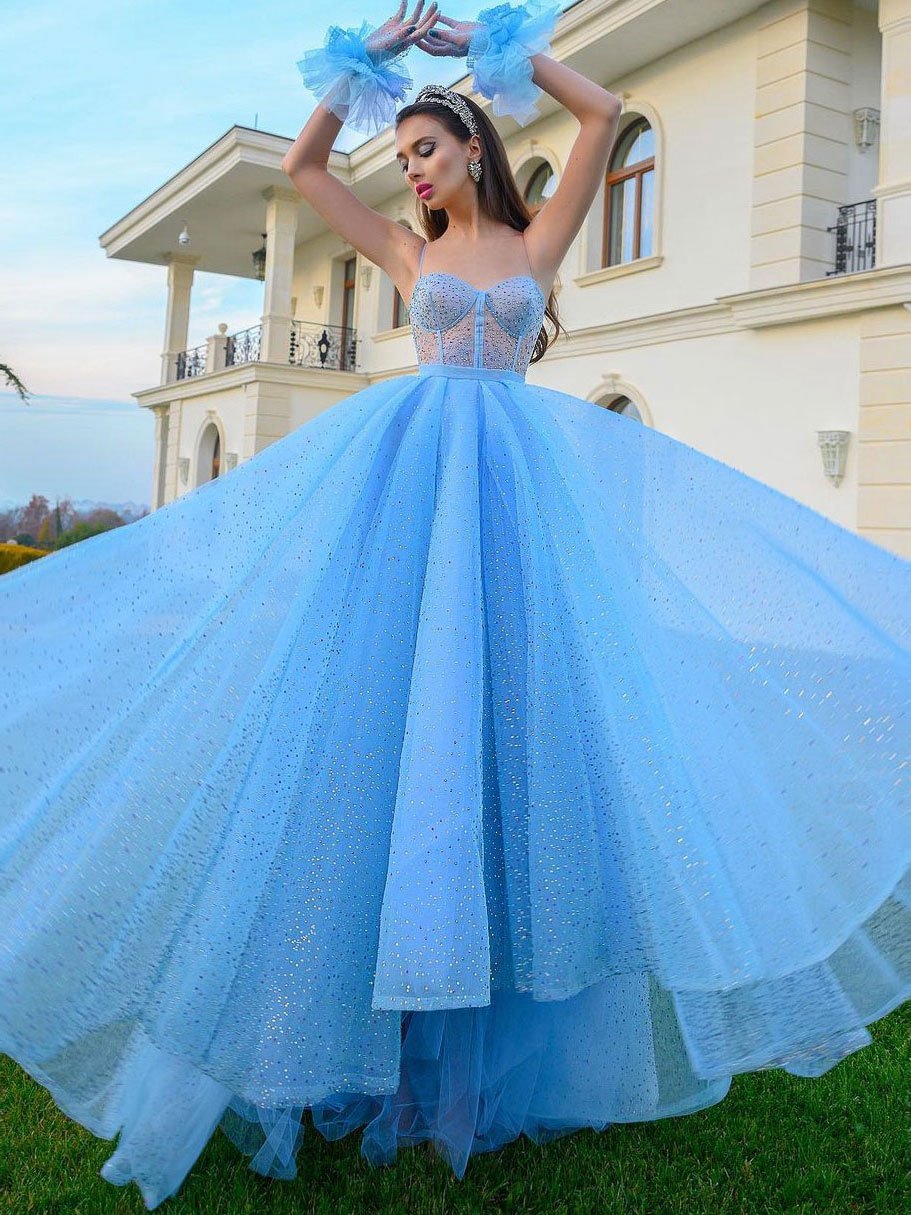 Vestidos de fiesta largos de tul con escote corazón en azul brillante, vestidos de fiesta formales azules 