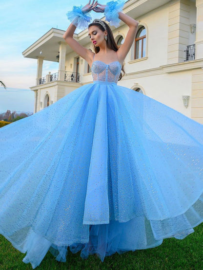Vestidos de fiesta largos de tul con escote corazón en azul brillante, vestidos de fiesta formales azules 