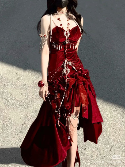 Burgundy Exquisite Mermaid Spaghetti Strap Beaded Velvet Long Party Dress Cocktail Dress SH3593