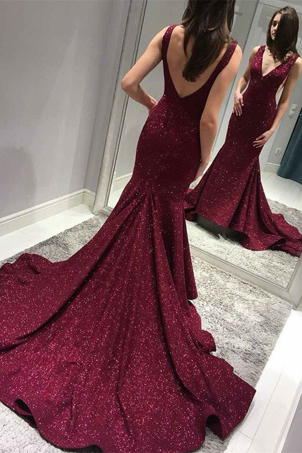 Sparkly Mermaid Burgundy Prom Dresses V-Neck Backless Evening Gown MP244