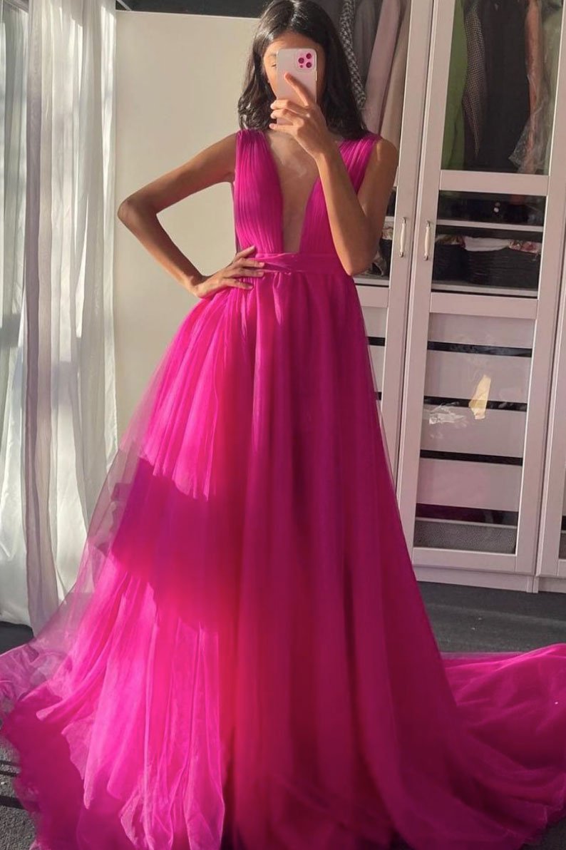 Vestido de fiesta largo de tul con escote en V fucsia, vestidos de gala para mujer, vestidos formales
