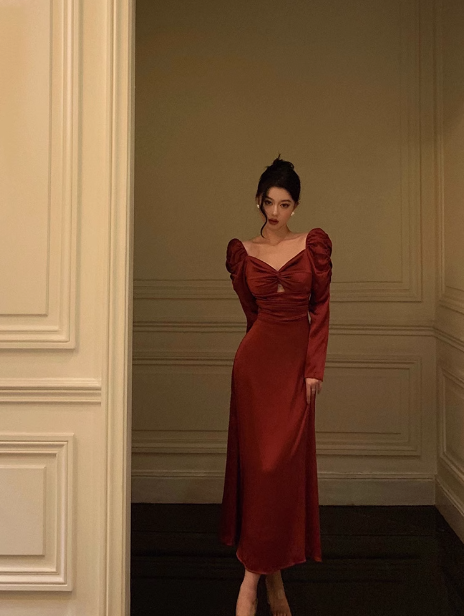Vestido rojo sexy de corte A con mangas largas para cumpleaños número 21. Ideas de vestidos de cumpleaños para mujeres (DP1894)
